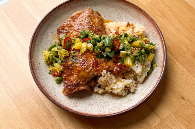 Orange-harissa chicken with citrus and olive salsa