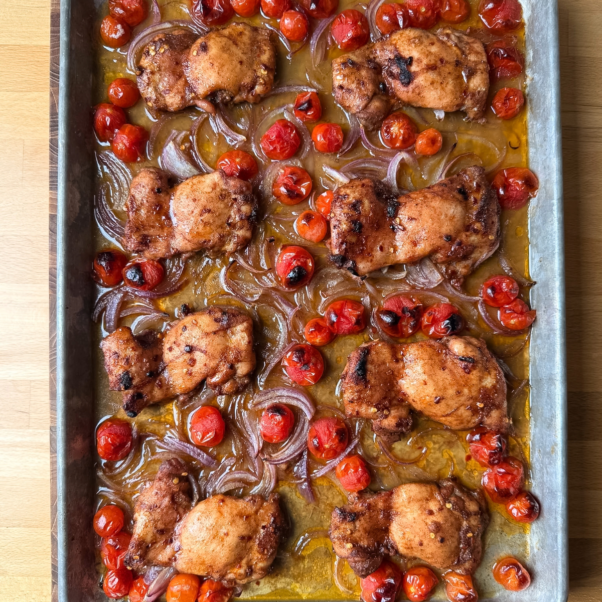 Chicken thighs come out of the oven golden and crispy from the broiler
